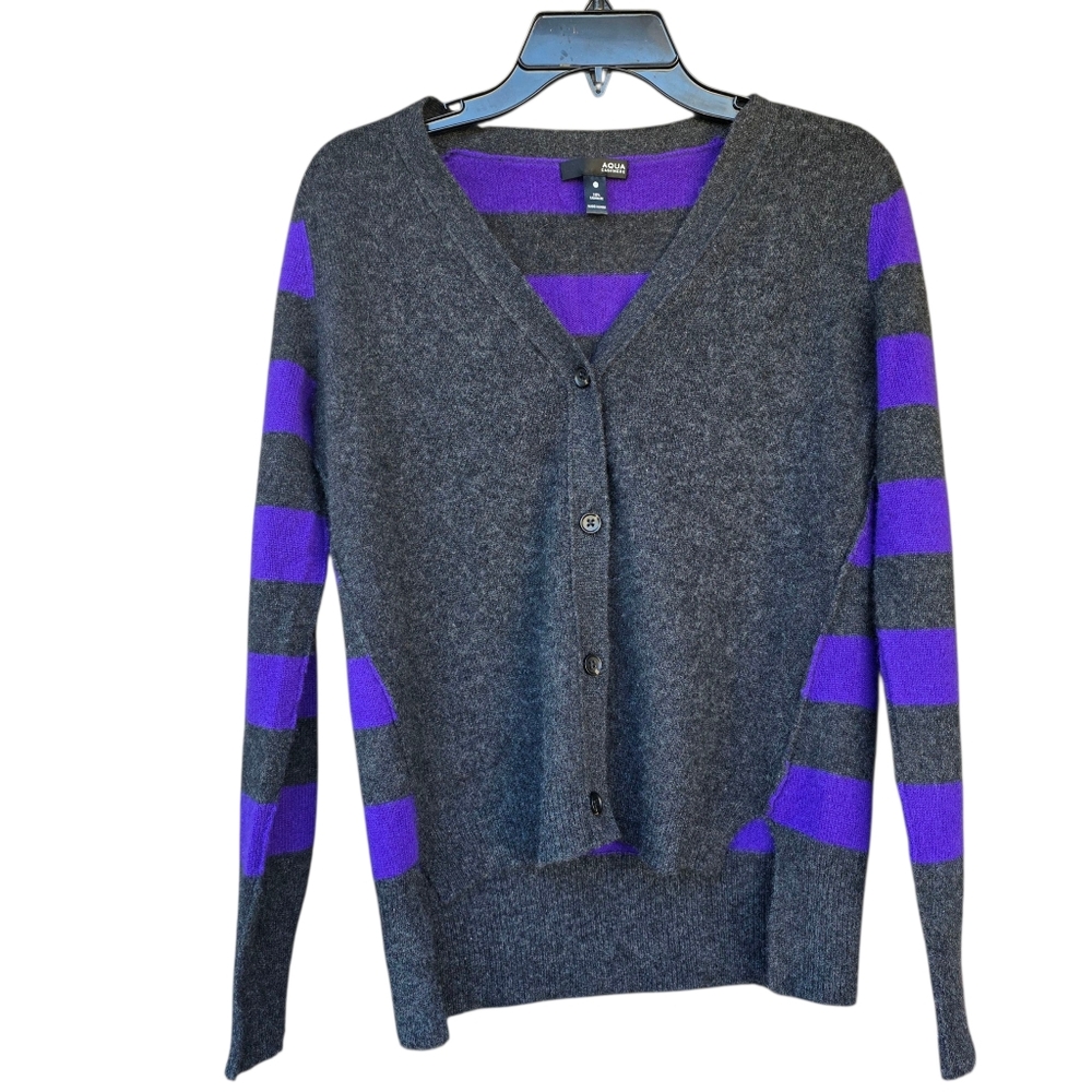 Aqua Striped Cashmere Button Up Cardigan- XS - Picture 4 of 13